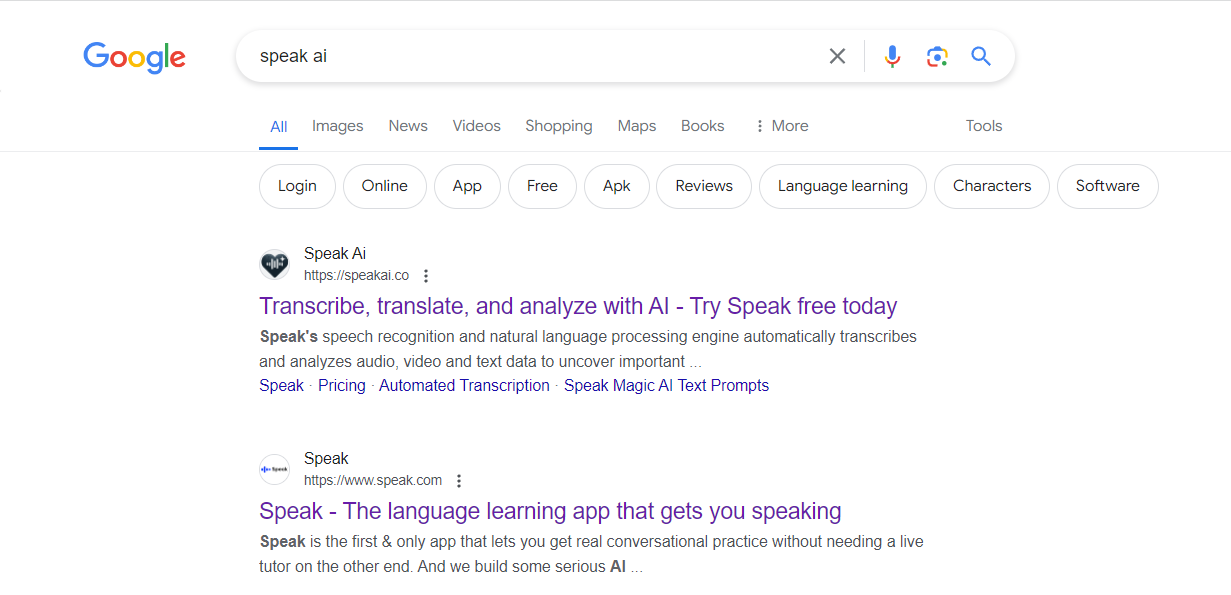 Speak AI 搜索结果对比，展示多个同名产品导致的用户混淆问题